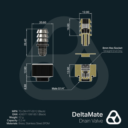 Thermal Grizzly DeltaMate Drain Valve Negro — Válvula de drenaje G1/4" con conector rápido de 10 mm