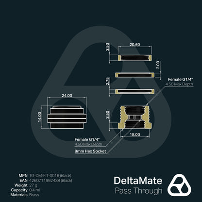 Thermal Grizzly DeltaMate - Conector Pasamuros (Pass-Through) G1/4" - Negro
