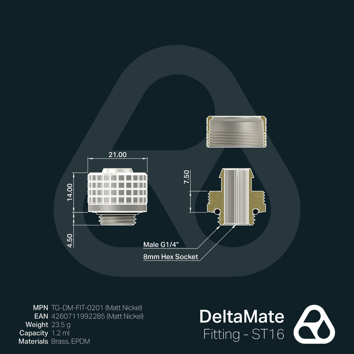 Thermal Grizzly DeltaMate Fitting ST16 Níquel Mate — Conector para tubo blando (soft-tube) 16/10 mm, rosca G1/4"