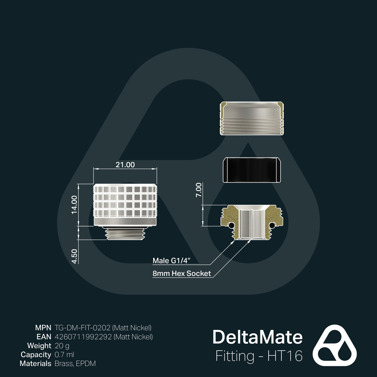 Thermal Grizzly DeltaMate Fitting HT16 Níquel Mate — Conector para tubo rígido (hard-tube) 16 mm, rosca G1/4"