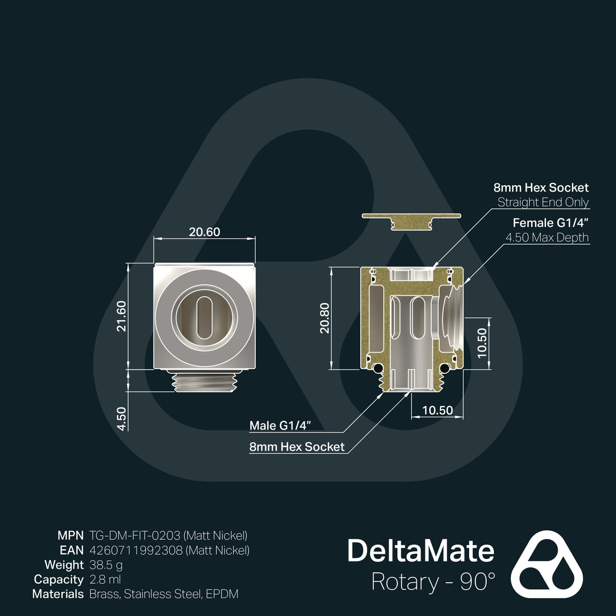 Thermal Grizzly DeltaMate Rotary - Adaptador Rotativo 90°, Níquel Mate (G1/4")