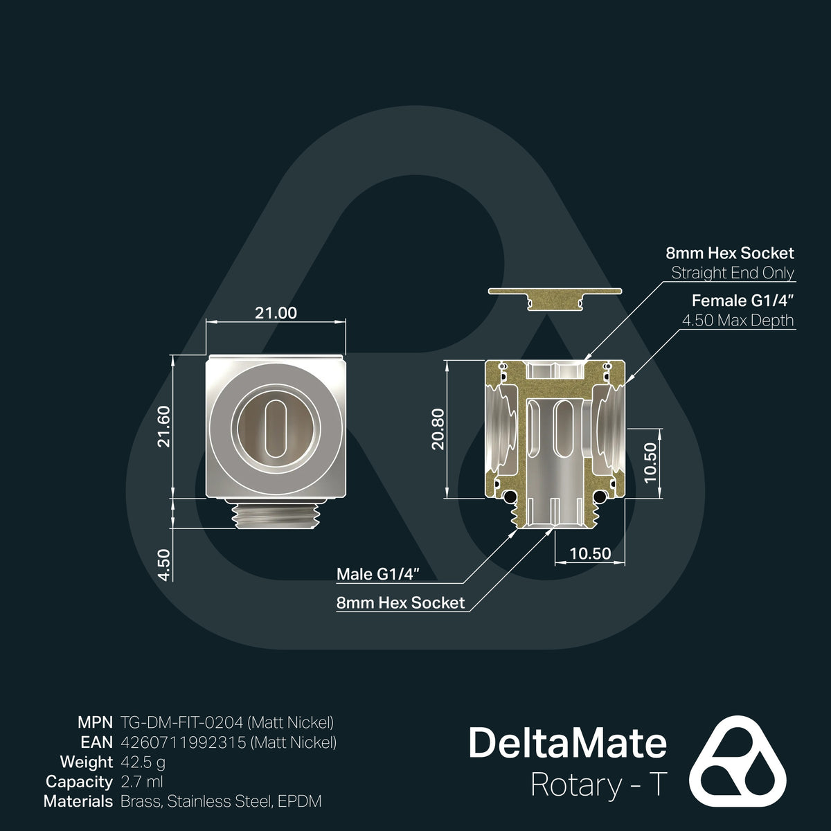 Thermal Grizzly DeltaMate Rotary - Adaptador Rotativo en T, Níquel Mate (G1/4")