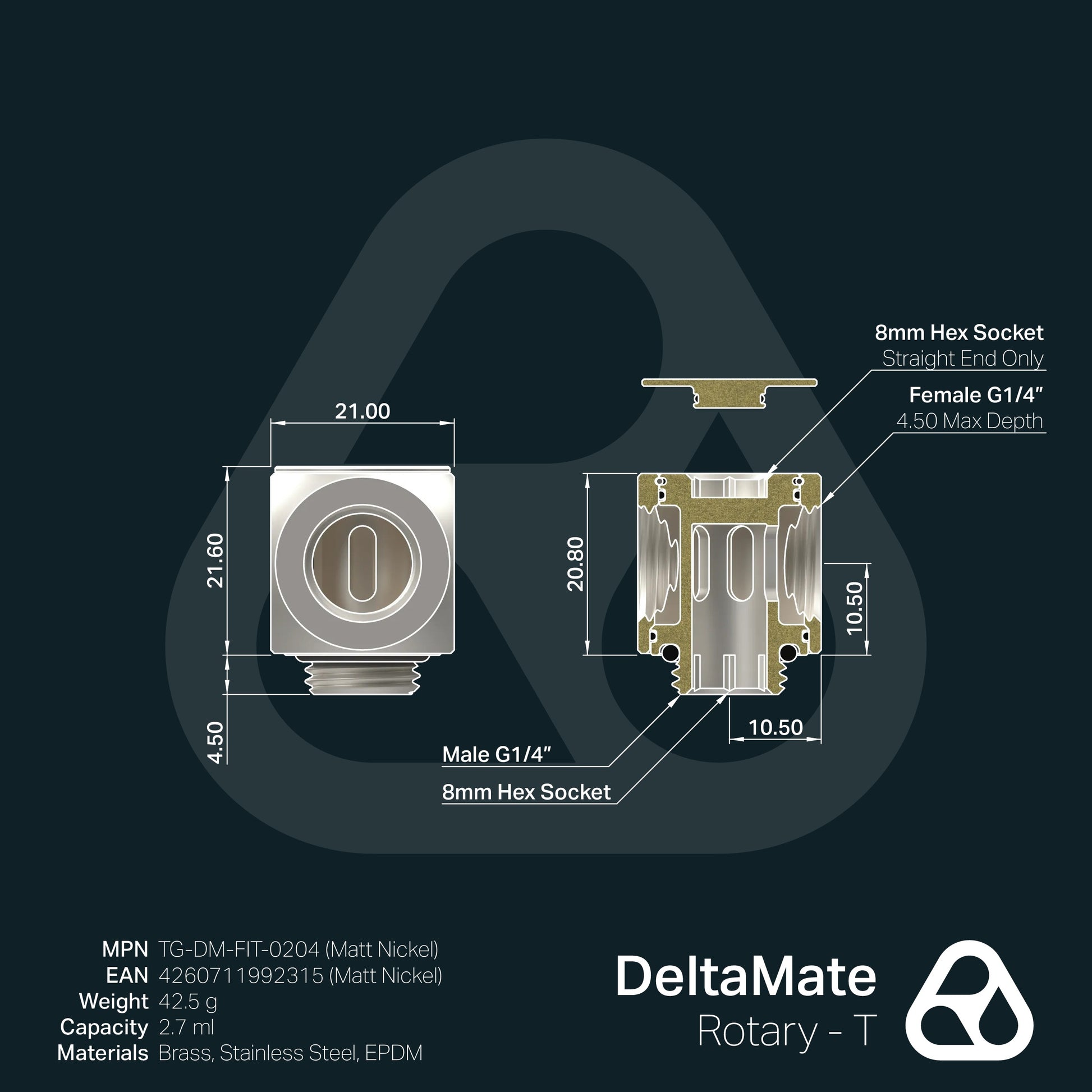 Thermal Grizzly DeltaMate Rotary - Adaptador Rotativo en T, Níquel Mate (G1/4")