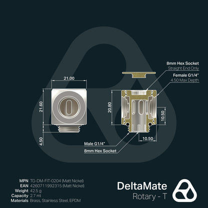 Thermal Grizzly DeltaMate Rotary - Adaptador Rotativo en T, Níquel Mate (G1/4")