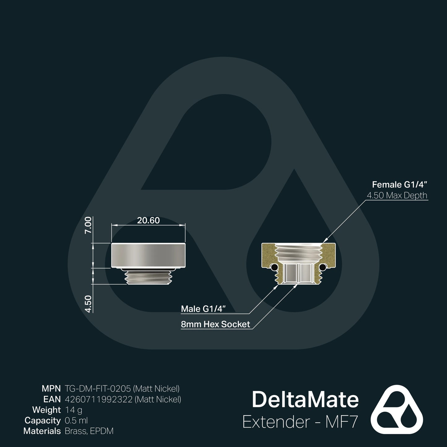 Extensor DeltaMate MF7 Níquel Mate (macho-hembra, 7 mm) - Thermal Grizzly