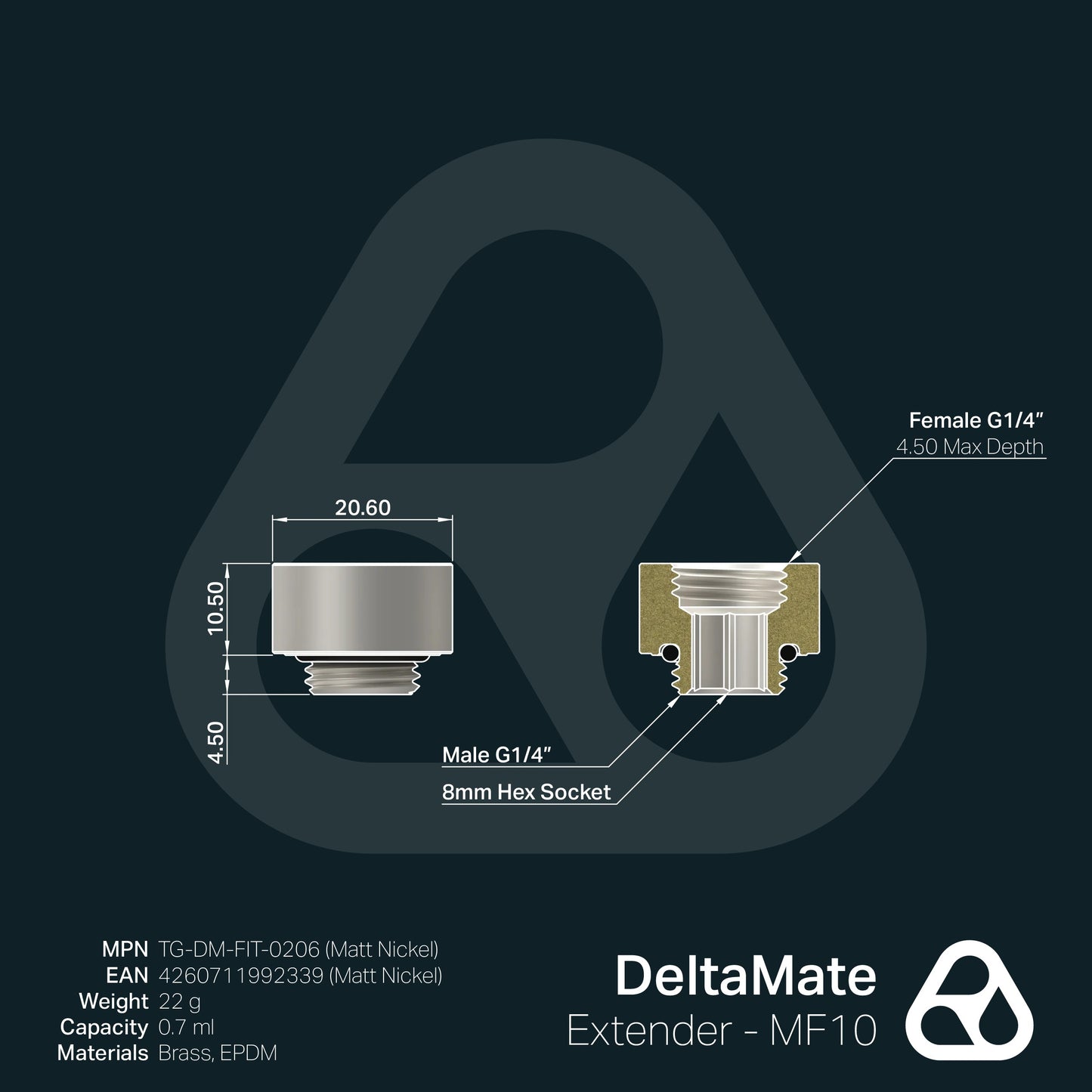 Extensor DeltaMate MF10 Níquel Mate (macho-hembra, 10 mm) - Thermal Grizzly
