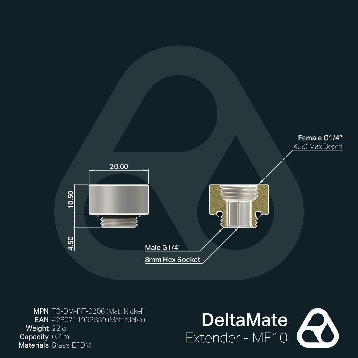 Extensor DeltaMate MF10 Níquel Mate (macho-hembra, 10 mm) - Thermal Grizzly