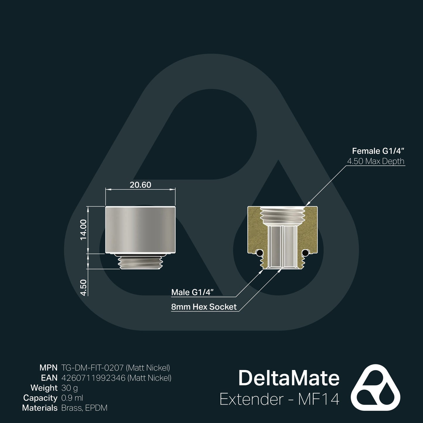 Extensor DeltaMate MF14 Níquel Mate (macho-hembra, 14 mm) - Thermal Grizzly