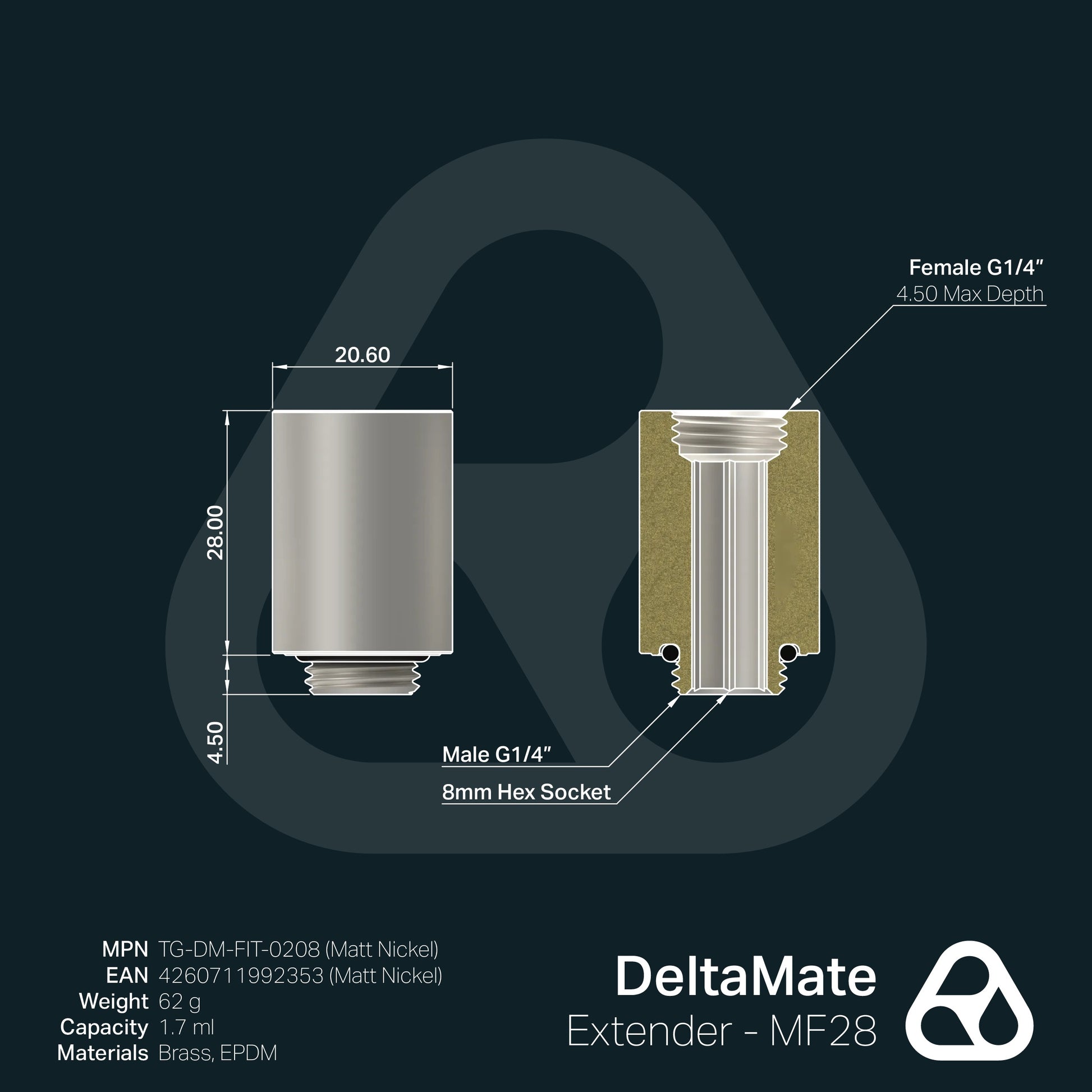 Extensor DeltaMate MF28 Níquel Mate (macho-hembra, 28 mm) - Thermal Grizzly