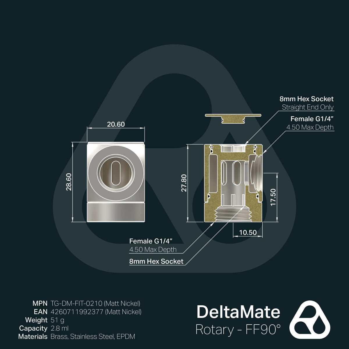 Thermal Grizzly DeltaMate Rotary - Adaptador Rotativo FF90° (hembra-hembra 90°), Níquel Mate (G1/4")