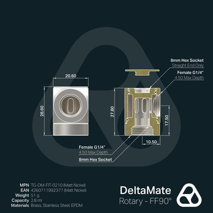 Thermal Grizzly DeltaMate Rotary - Adaptador Rotativo FF90° (hembra-hembra 90°), Níquel Mate (G1/4")