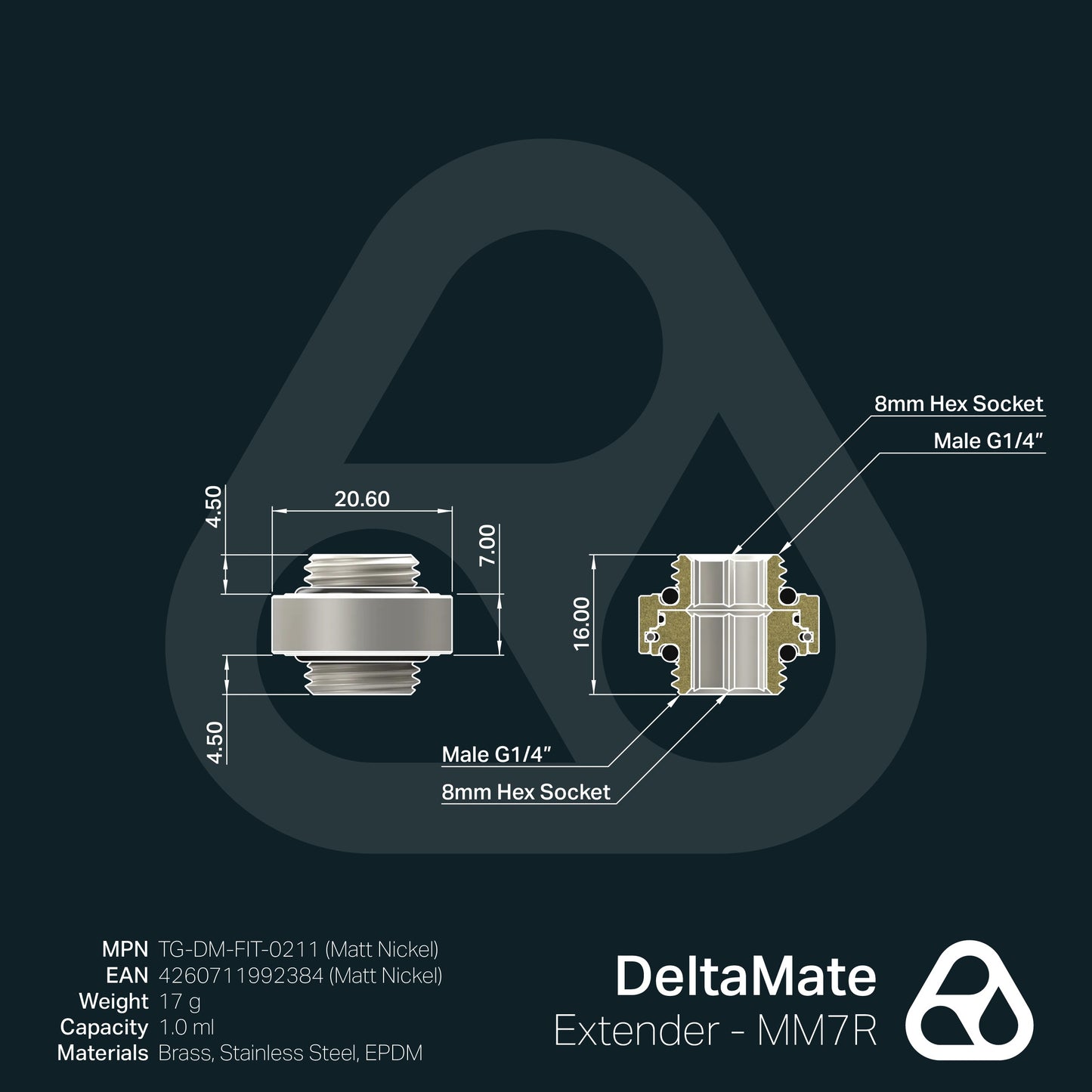 Extensor DeltaMate MM7R Níquel Mate (macho-macho rotativo) - Thermal Grizzly
