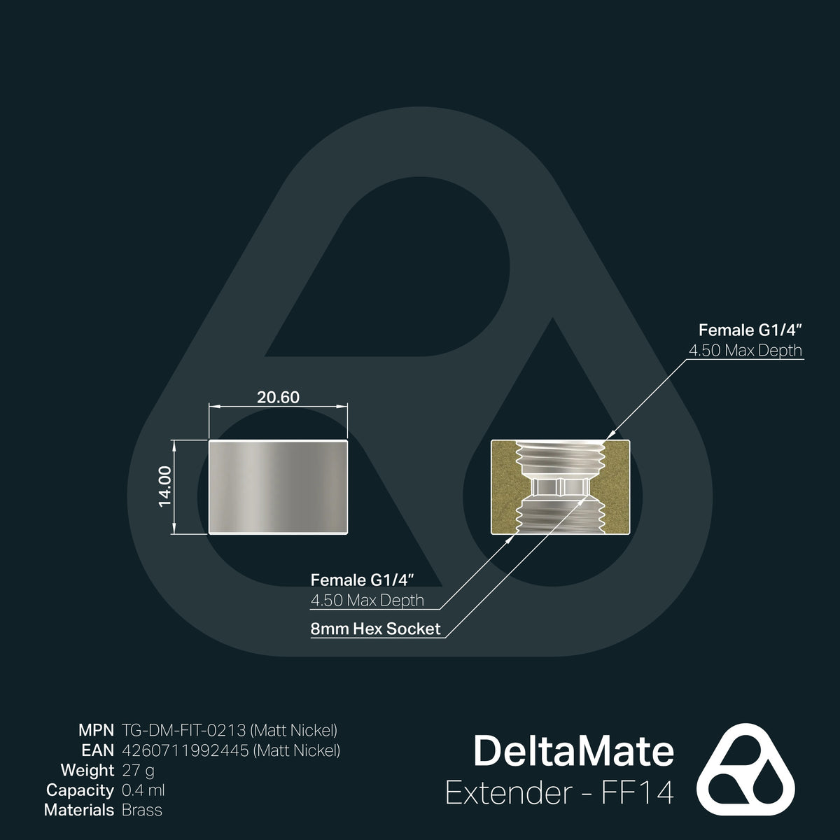 Extensor DeltaMate FF14 Níquel Mate (hembra-hembra, 14 mm) - Thermal Grizzly