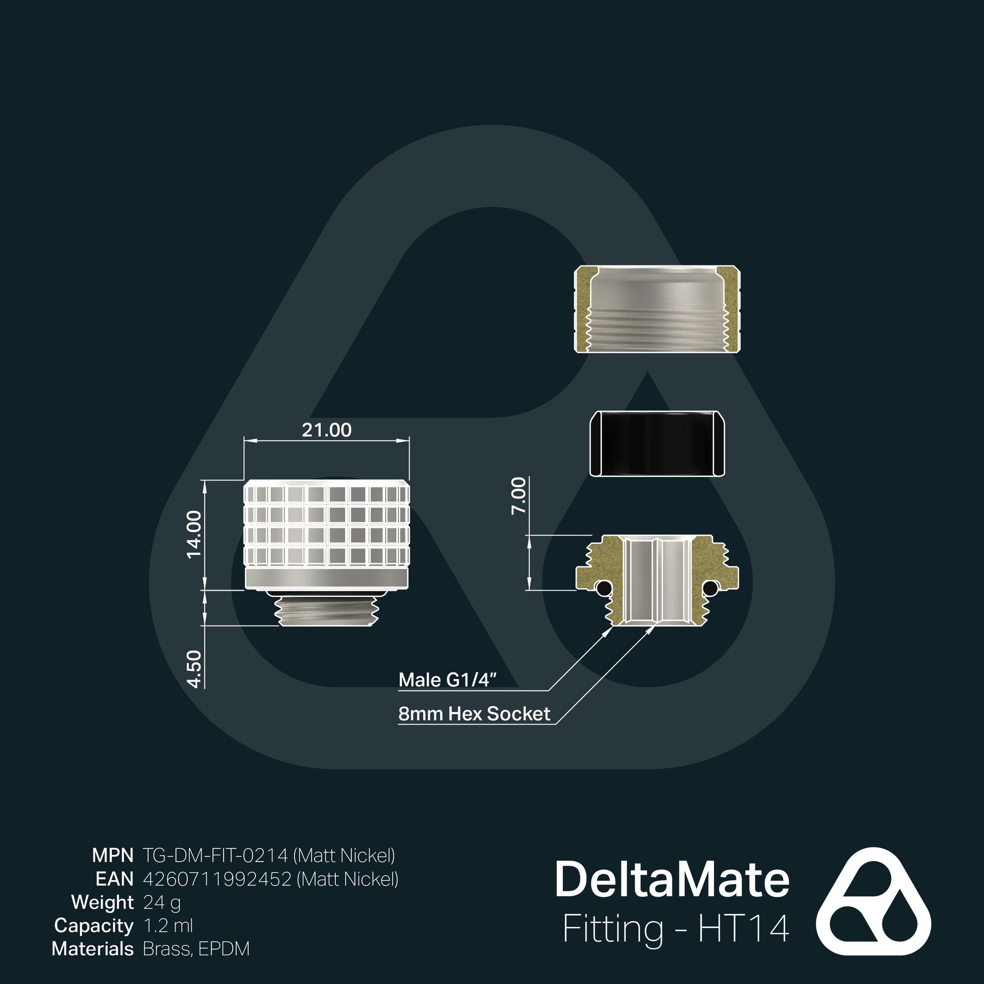 Thermal Grizzly DeltaMate Fitting HT14 Níquel Mate — Conector para tubo rígido (hard-tube) 14 mm, rosca G1/4"