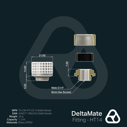 Thermal Grizzly DeltaMate Fitting HT14 Níquel Mate — Conector para tubo rígido (hard-tube) 14 mm, rosca G1/4"