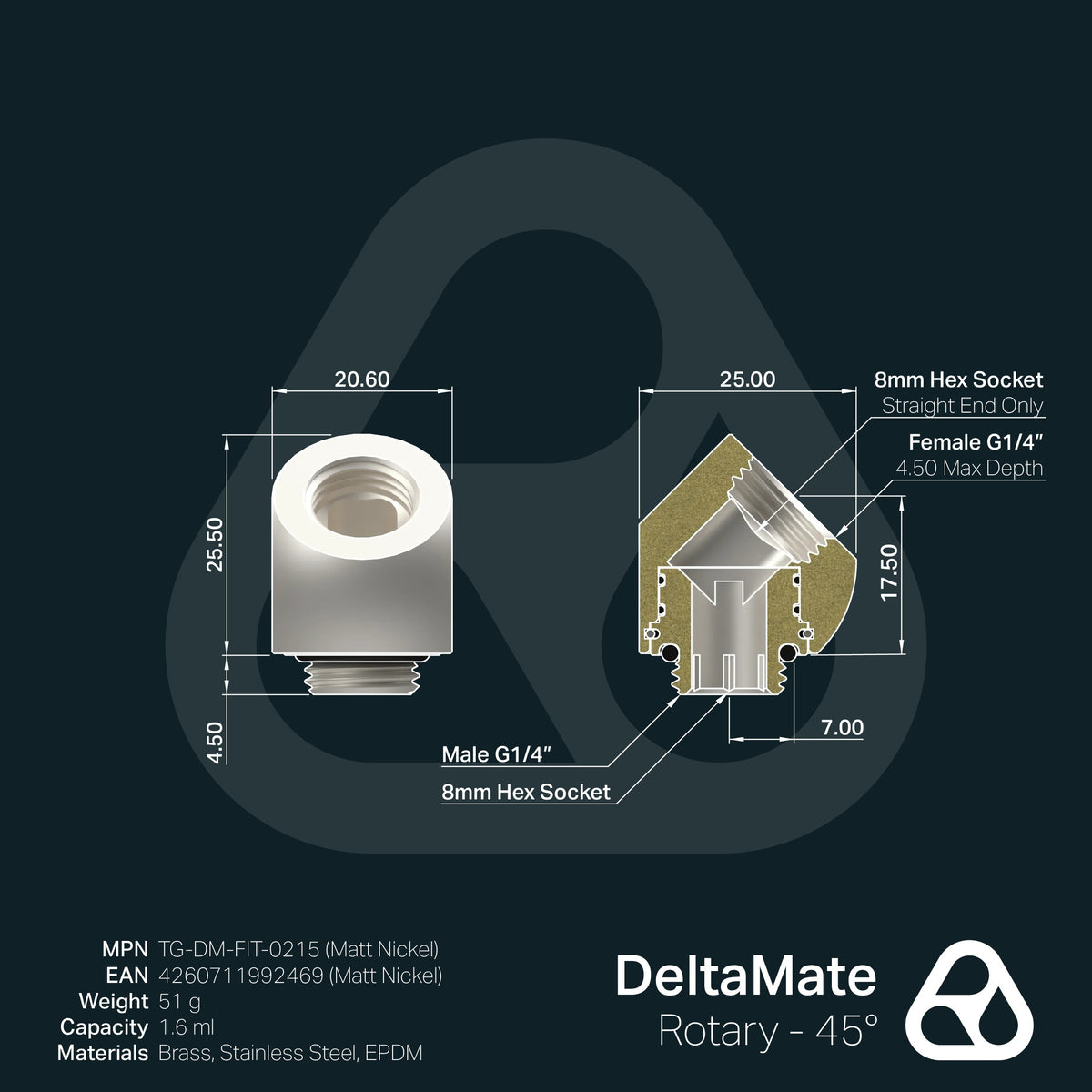 Thermal Grizzly DeltaMate Rotary - Adaptador Rotativo 45°, Níquel Mate (G1/4")