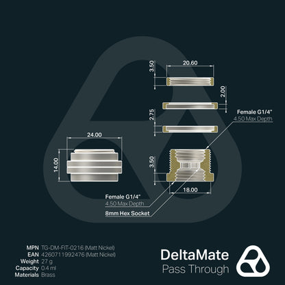 Thermal Grizzly DeltaMate - Conector Pasamuros (Pass-Through) G1/4" - Níquel Mate