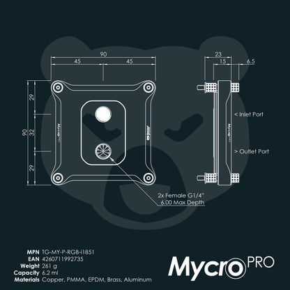 Thermal Grizzly Intel 1851 Mycro Pro RGB — Bloque de Agua para CPU (LGA1851 / LGA1700) con Iluminación ARGB